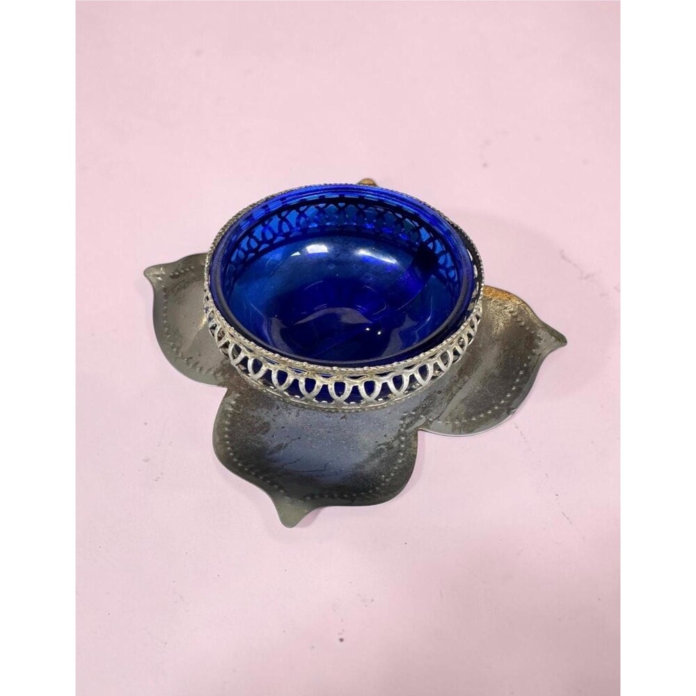 Vintage Cobalt Blue Glass Salt Cellar Insert Silver Filigree Lily Pad Holder